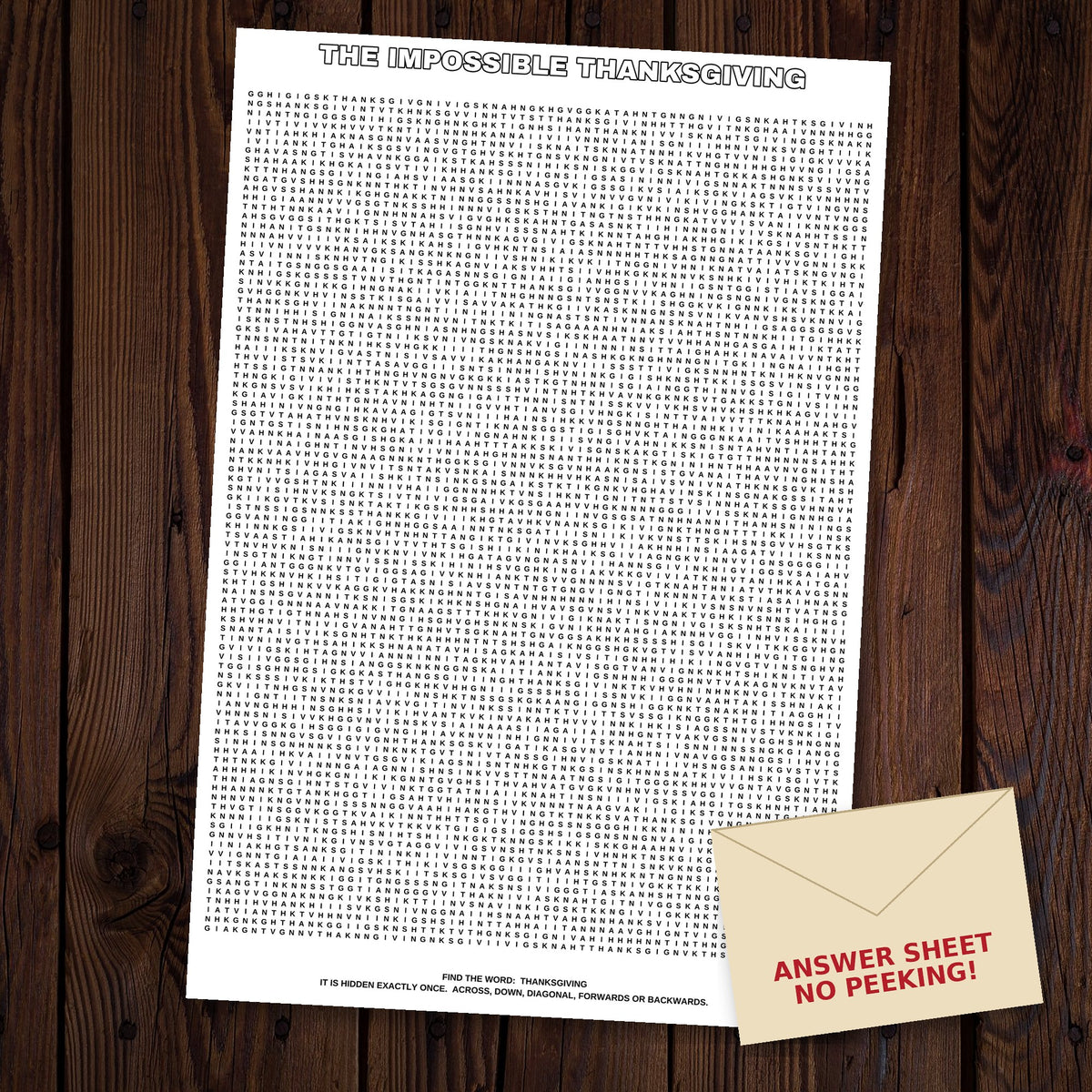 The Impossible Thanksgiving giant word search sheet laid out on a dark wood floor