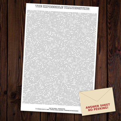 The Impossible Thanksgiving giant word search sheet laid out on a dark wood floor