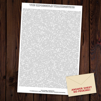 The Impossible Thanksgiving giant word search sheet laid out on a dark wood floor