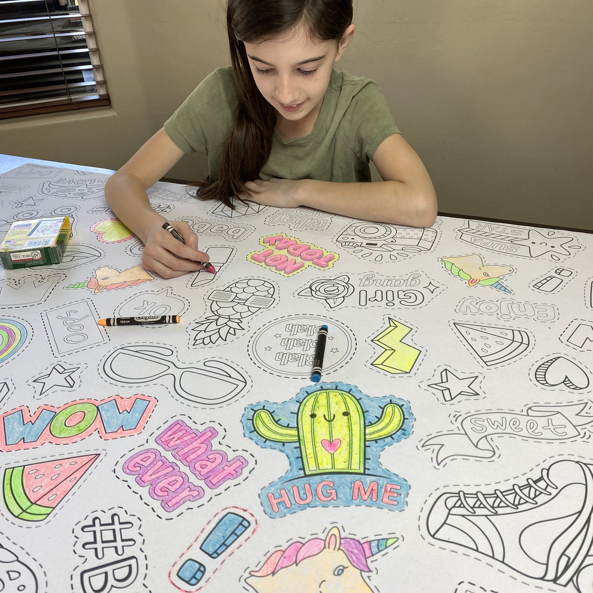 The VSCO Girl Coloring Sheet being colored by kids at home
