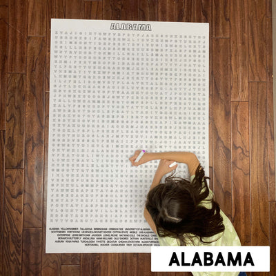 Alabama giant word search puzzle, 30 x 44.5 inch, kid coloring on floor