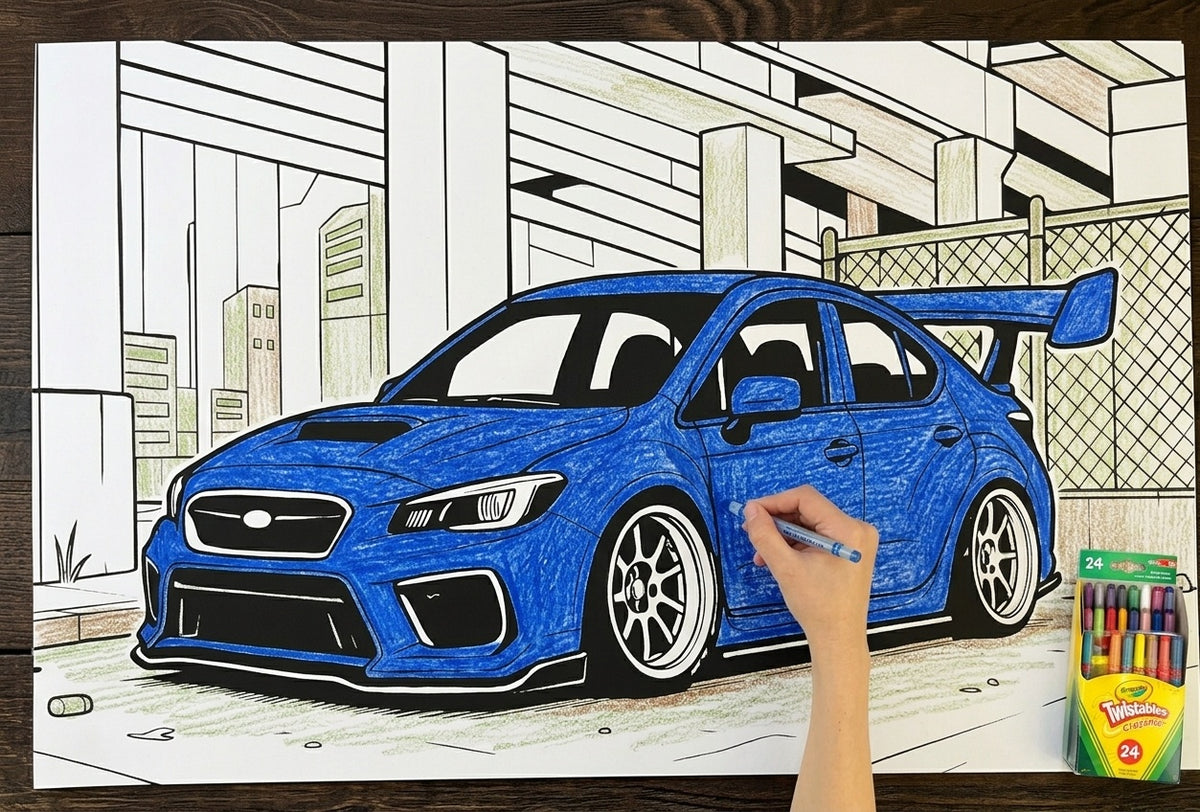 Giant Subaru WRX STI coloring sheet colored in with crayons - Cherry Creek Lane