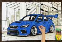 Thumbnail for Giant Subaru WRX STI coloring sheet colored in with crayons - Cherry Creek Lane