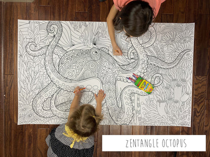 Child coloring the Zentangle Octopus giant coloring sheet on a wood floor with crayons