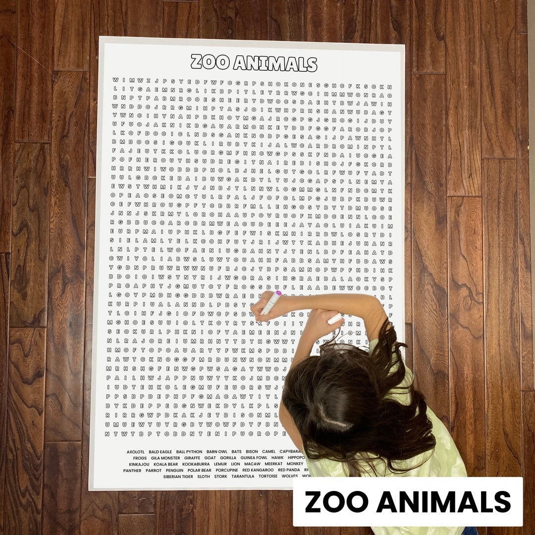 Zoo Animals giant 30x44.5 word search on floor