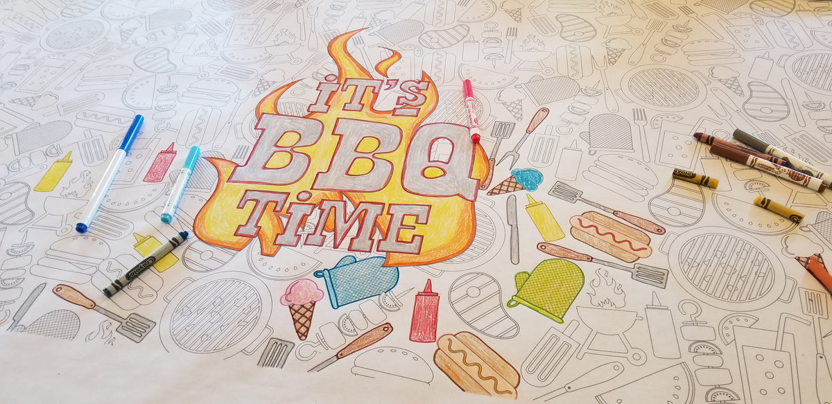 Close-up of the Its BBQ Time coloring sheet colored in with markers