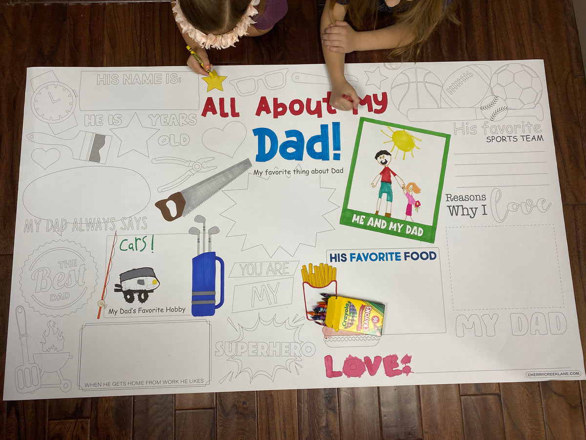 Close-up of the All About Dad coloring sheet colored in with markers