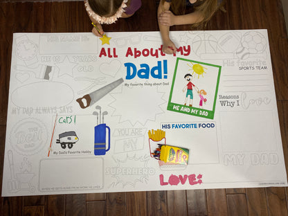 Close-up of the All About Dad coloring sheet colored in with markers