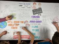Thumbnail for Close-up of the I love General Conference coloring sheet colored in with markers