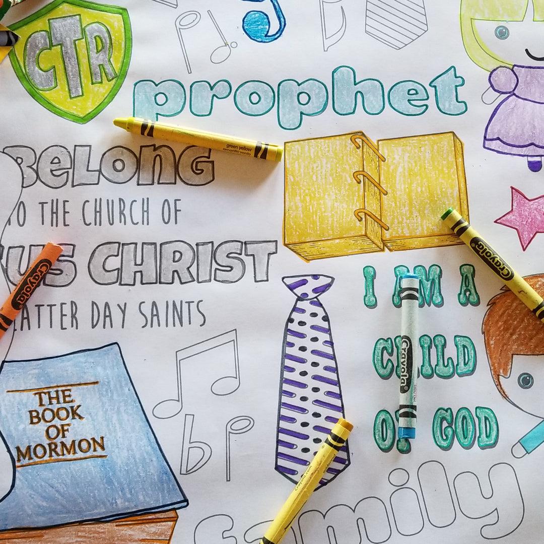 Close-up of the Church of Jesus Christ of Latter Day Saints coloring sheet colored in with markers