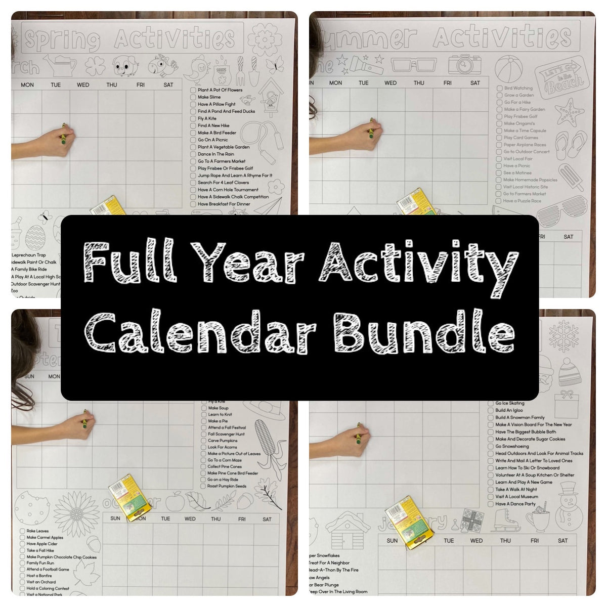 Full Year Activity Calendar Bundle collage of the spring, summer, fall and winter activity calendars