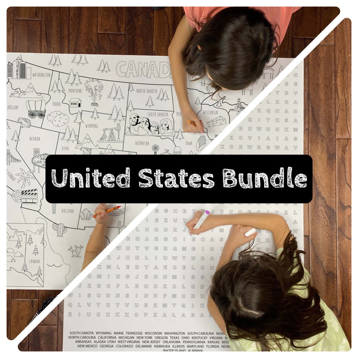 United States Bundle: giant USA coloring map and United States giant word search