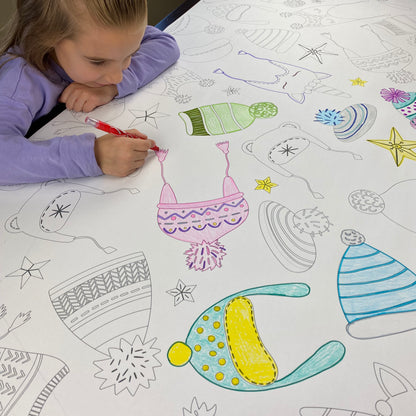 Close-up of the Winter Hats coloring sheet colored in with markers