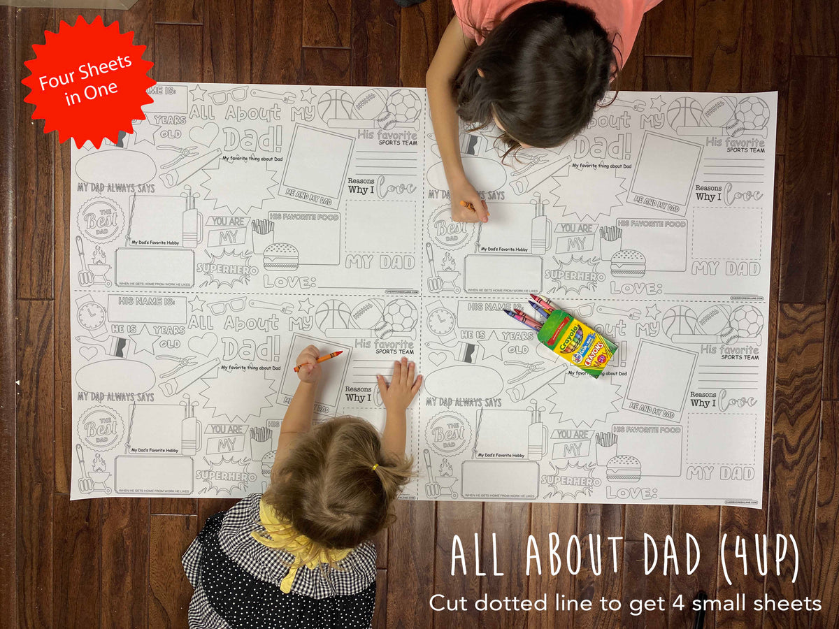 Child coloring the All About Dad 4-up giant coloring sheet on a wood floor with crayons