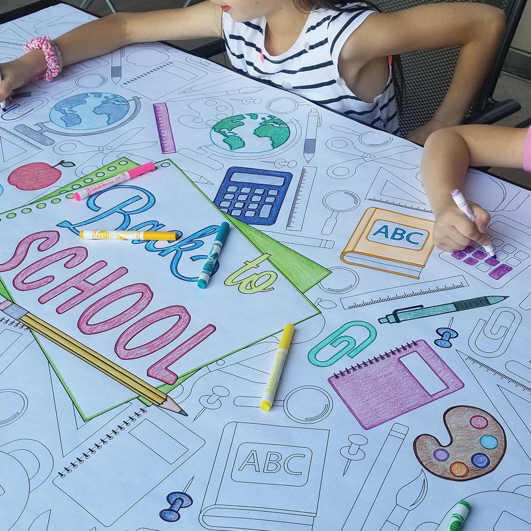 Close-up of the Back To School coloring sheet colored in with markers