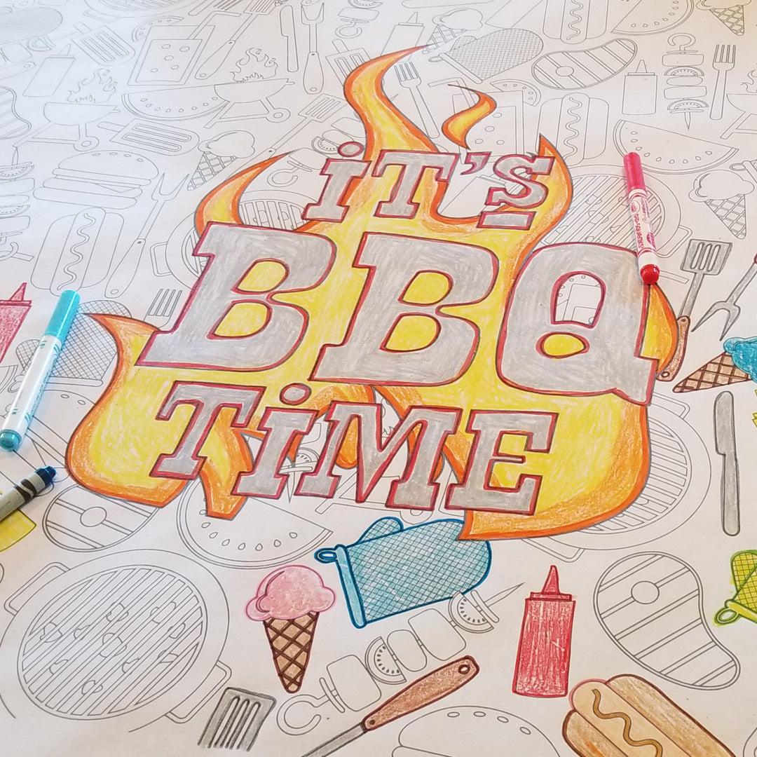 Close-up of the Its BBQ Time coloring sheet colored in with markers