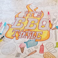 Thumbnail for Close-up of the Its BBQ Time coloring sheet colored in with markers