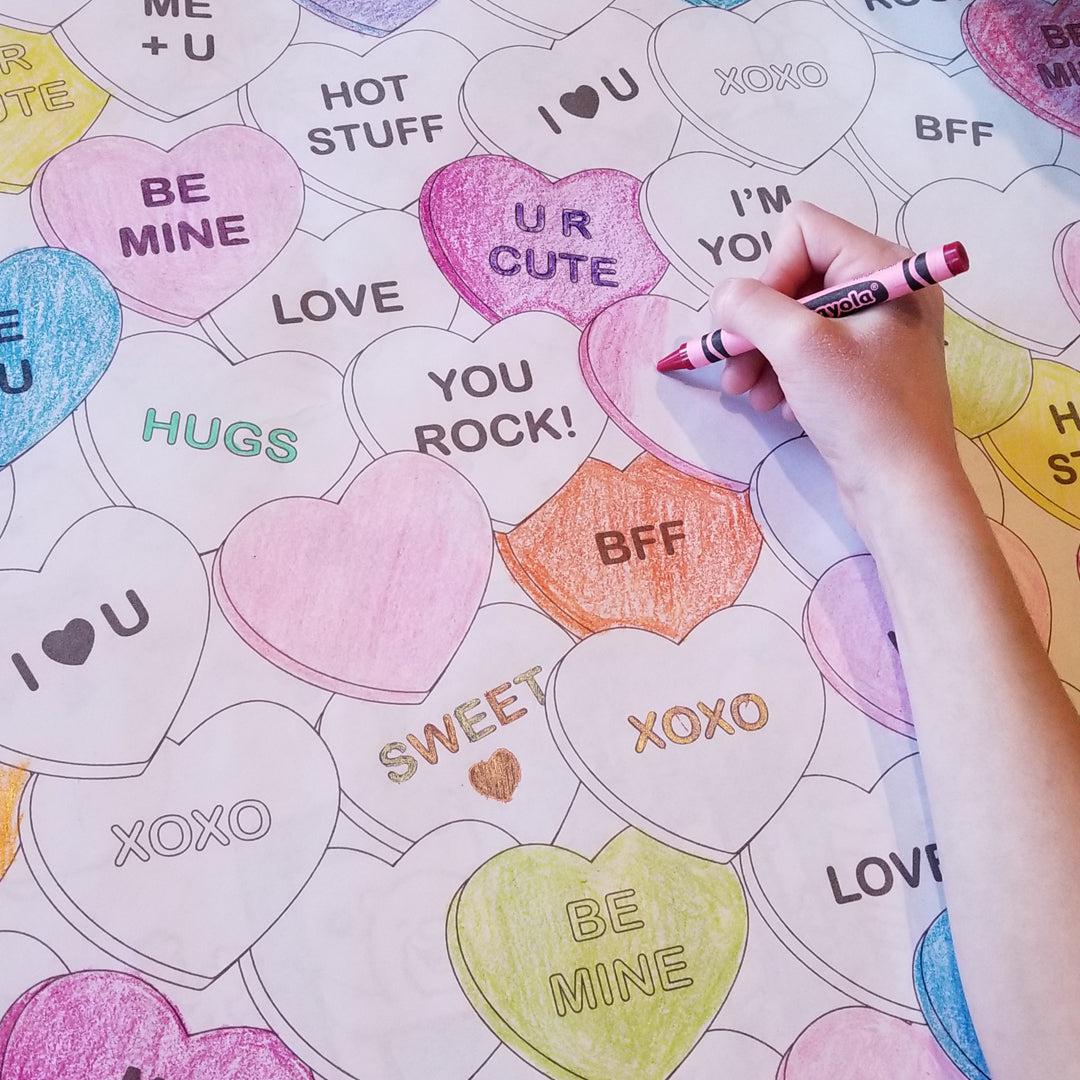 Close-up of the Conversation Hearts coloring sheet colored in with markers