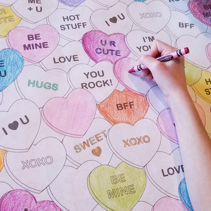 Close-up of the Conversation Hearts coloring sheet colored in with markers