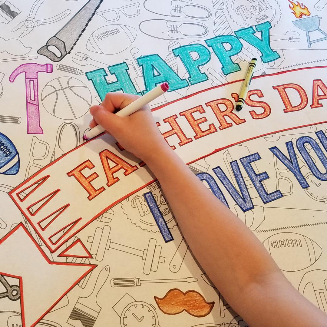 Close-up of the Fathers Day coloring sheet colored in with markers