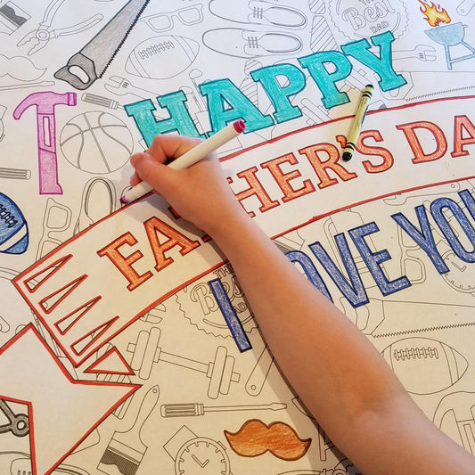 Close-up of the Fathers Day coloring sheet colored in with markers