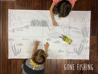 Thumbnail for Child coloring the Gone Fishing giant coloring sheet on a wood floor with crayons