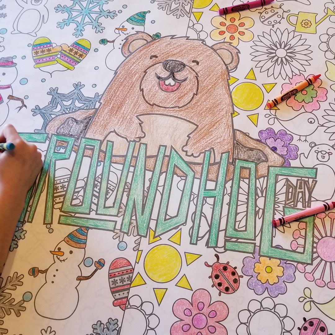 Close-up of the Groundhog Day coloring sheet colored in with markers