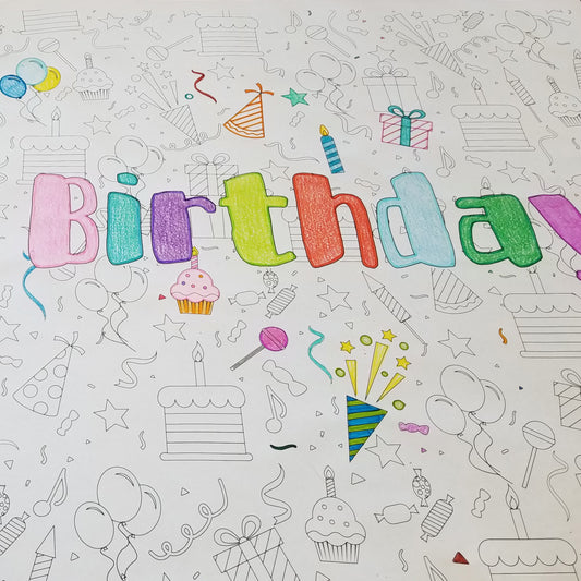 Close-up of the Happy Birthday coloring sheet colored in with markers