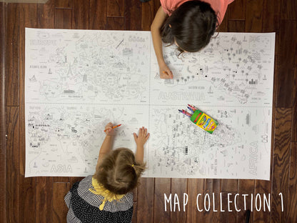 Child coloring the Map Collection #1 giant coloring map on a wood floor