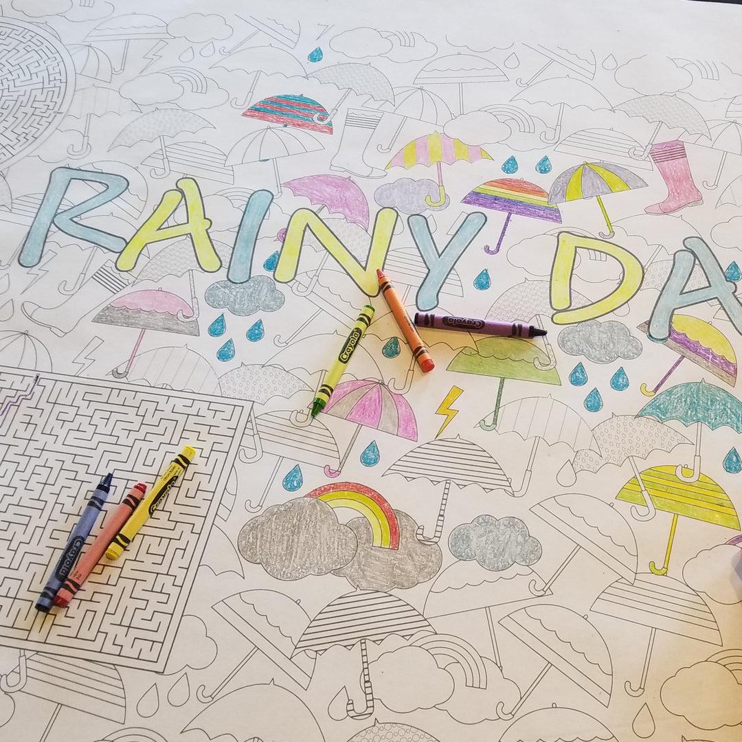 Close-up of the Rainy Day coloring sheet colored in with markers