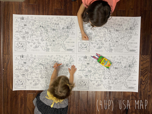 4UP USA Map coloring sheet, four mini sheets on one